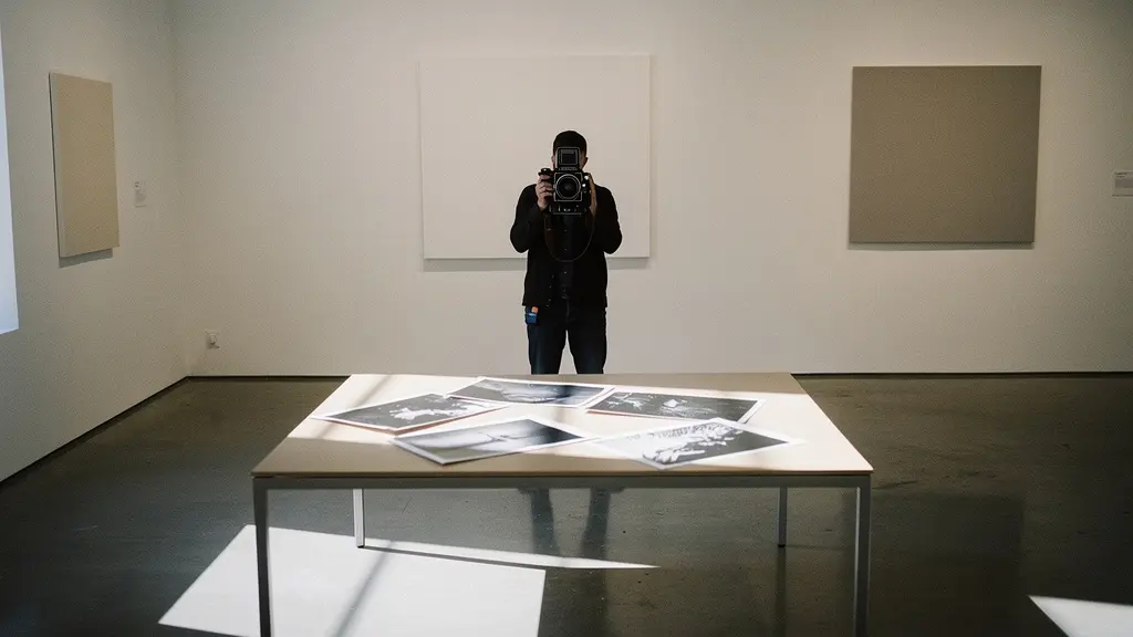 Fine art photographer in contemplative moment with vintage camera and gallery space