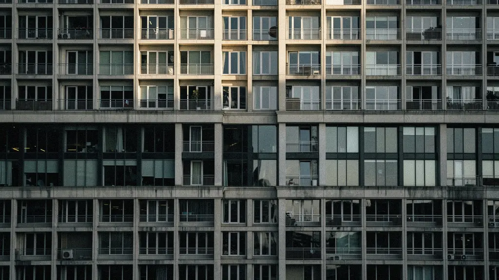 Stacked urban architecture showing compression effect with multiple building layers appearing equally close