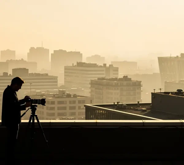Photographer using telephoto lens to capture compressed architectural details through atmospheric haze