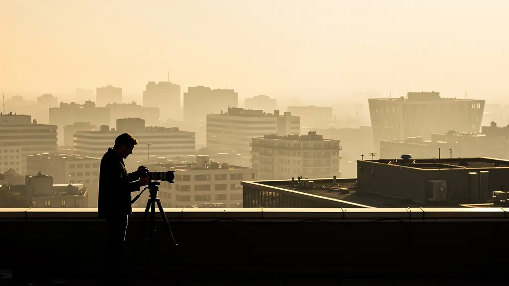 Photographer using telephoto lens to capture compressed architectural details through atmospheric haze