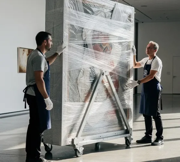 Professional art handlers carefully maneuvering a large-scale framed photograph through a gallery space