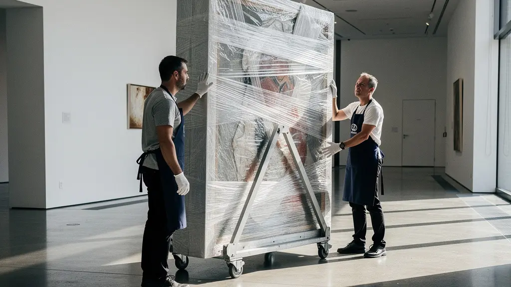 Professional art handlers carefully maneuvering a large-scale framed photograph through a gallery space