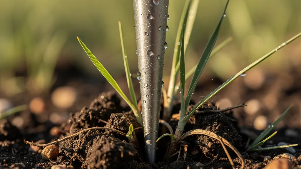 Macro detail of tripod spike penetrating soft ground for stability