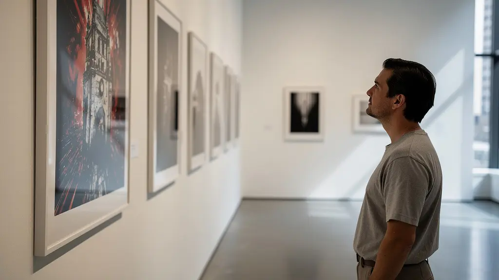 Gallery wall showing varied photograph sizes creating visual rhythm from intense to calm imagery