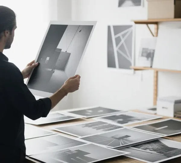 Artist creating portfolio with strategic negative space and color choices