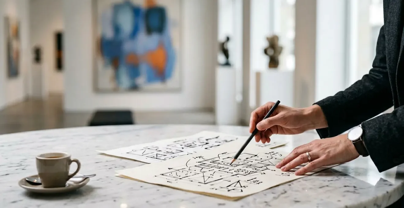 Art consultant analyzing artworks in a sophisticated private gallery setting