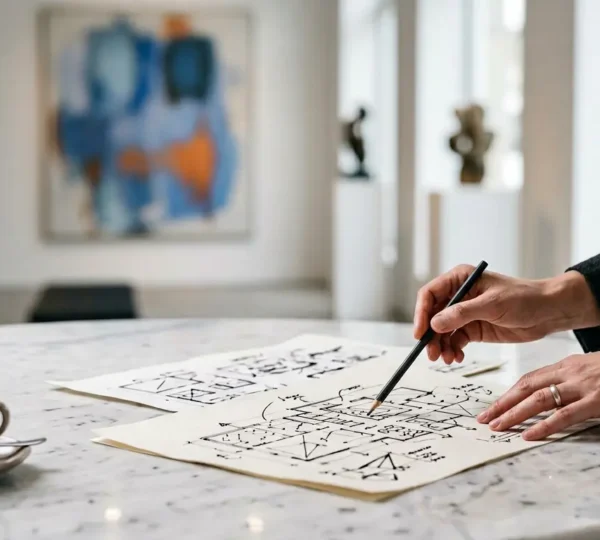 Art consultant analyzing artworks in a sophisticated private gallery setting