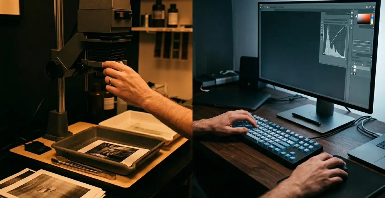 Professional photographer working with traditional darkroom equipment merged with modern digital editing workspace