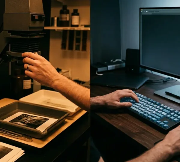 Professional photographer working with traditional darkroom equipment merged with modern digital editing workspace