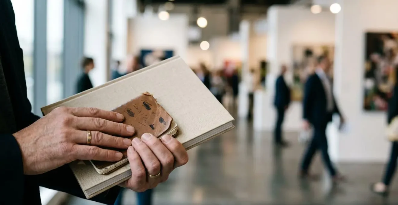 Close-up of hands holding exhibition catalog with soft focus background showing blurred art fair environment representing mental exhaustion