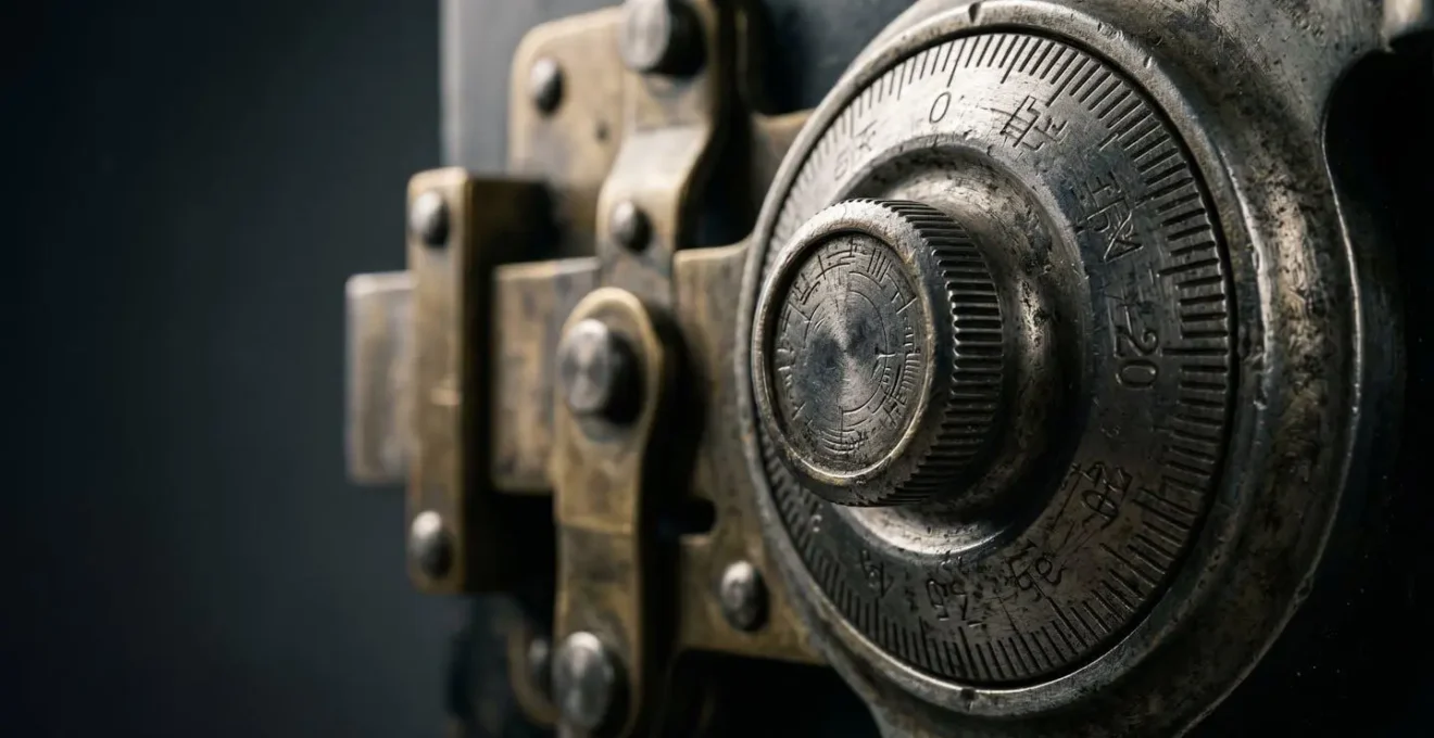 Vintage mechanical safe door with abstract combination dial symbolizing secure digital legacy storage