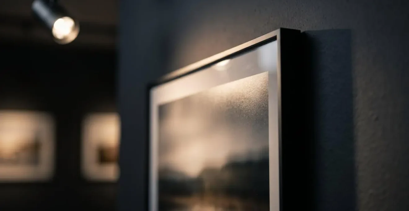 Close-up detail of professional gallery spotlight illuminating framed photograph at precise angle