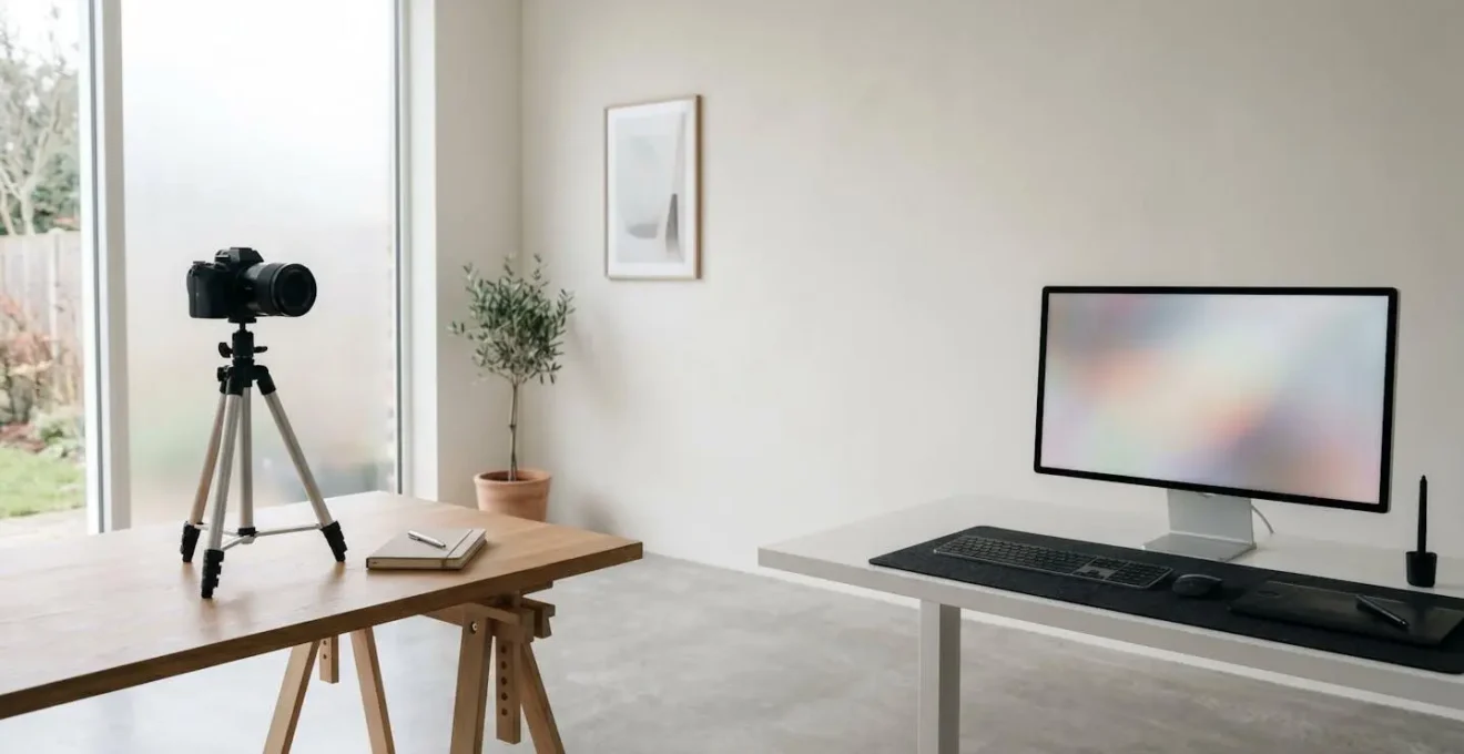 Wide environmental shot of photographer workspace symbolizing RAW file workflow from capture to processing