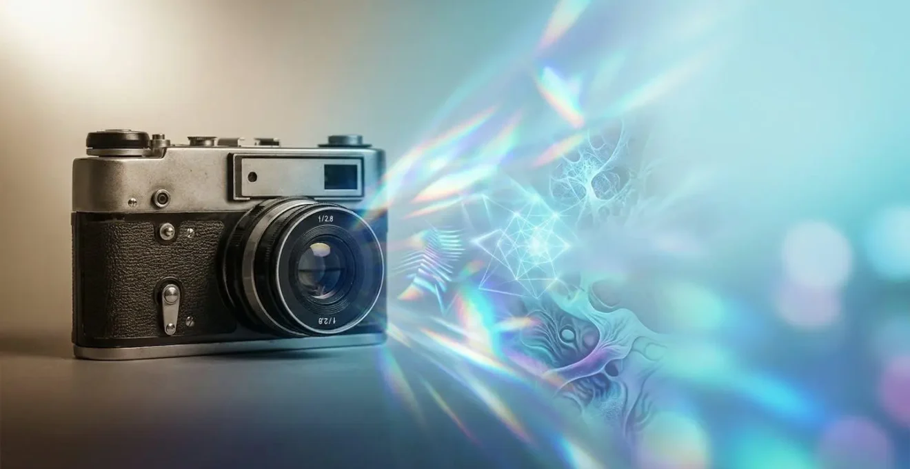 Conceptual fine art photography scene representing the fusion of traditional and digital creative futures