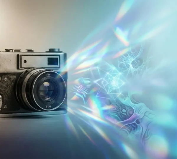 Conceptual fine art photography scene representing the fusion of traditional and digital creative futures