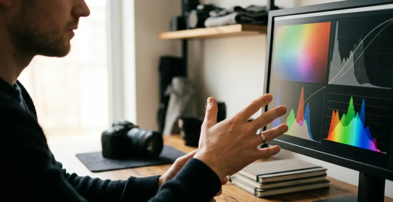 Professional photographer analyzing high dynamic range RAW file data on calibrated monitor in natural studio light