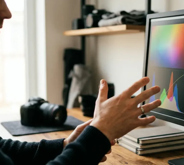Professional photographer analyzing high dynamic range RAW file data on calibrated monitor in natural studio light