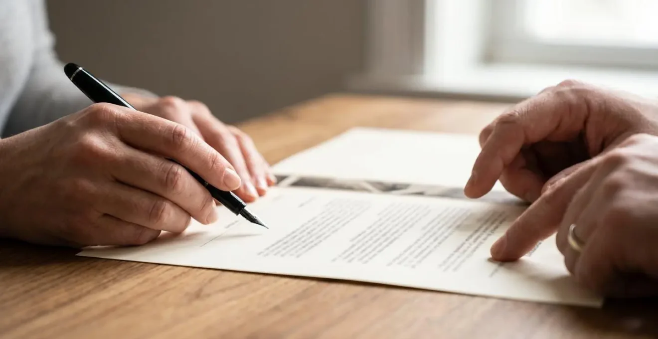 Professional hands reviewing official museum donation agreement document on archival desk surface