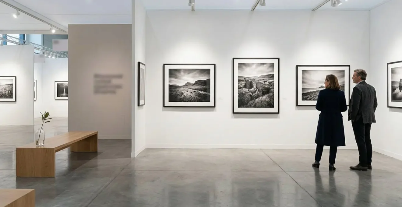 Contemporary art fair booth interior showcasing fine art photography prints with professional lighting and elegant display
