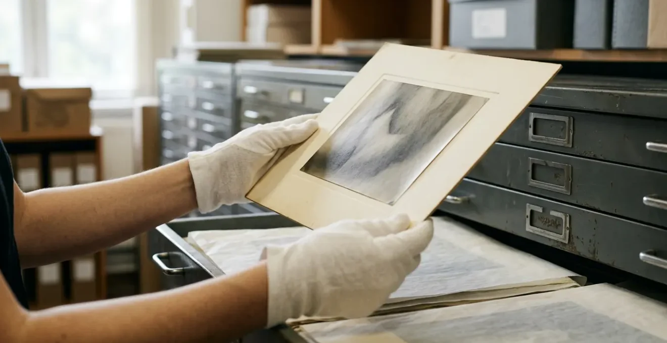 Carefully preserved vintage photograph being examined with white cotton gloves in archival storage environment