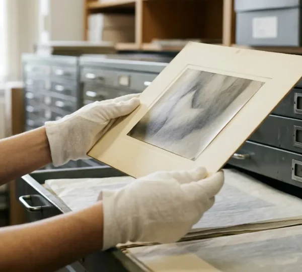 Carefully preserved vintage photograph being examined with white cotton gloves in archival storage environment