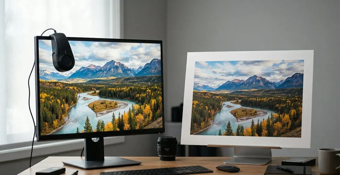Professional photographer examining color accuracy between calibrated monitor display and printed photograph