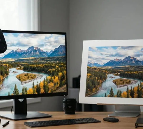 Professional photographer examining color accuracy between calibrated monitor display and printed photograph