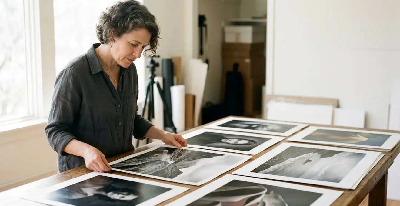 Professional photographer planning first solo exhibition with prints and layout materials