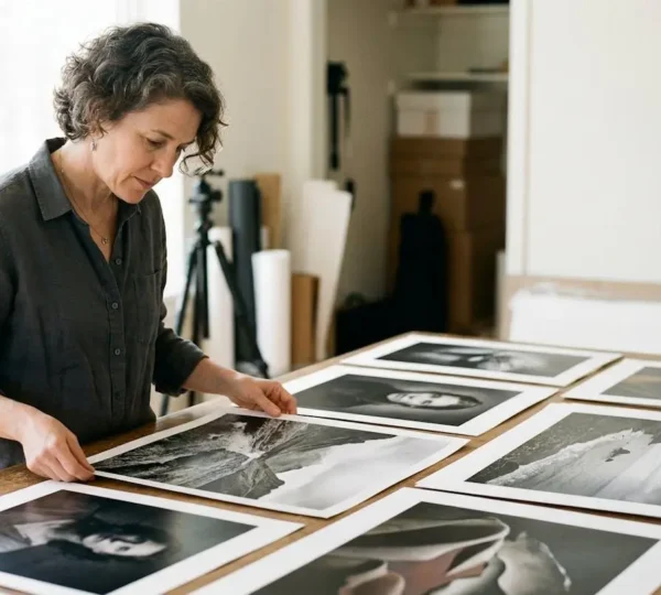 Professional photographer planning first solo exhibition with prints and layout materials