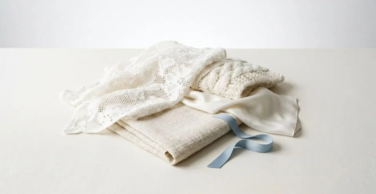 Wide environmental shot showcasing varied white and off-white fabric textures in minimalist high-key setting