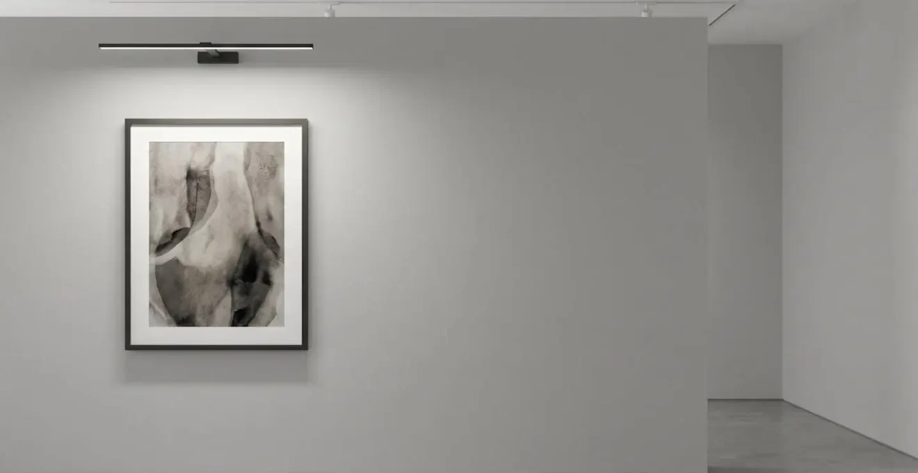 Professional print viewing environment with high-CRI daylight-balanced lighting illuminating a fine art photograph