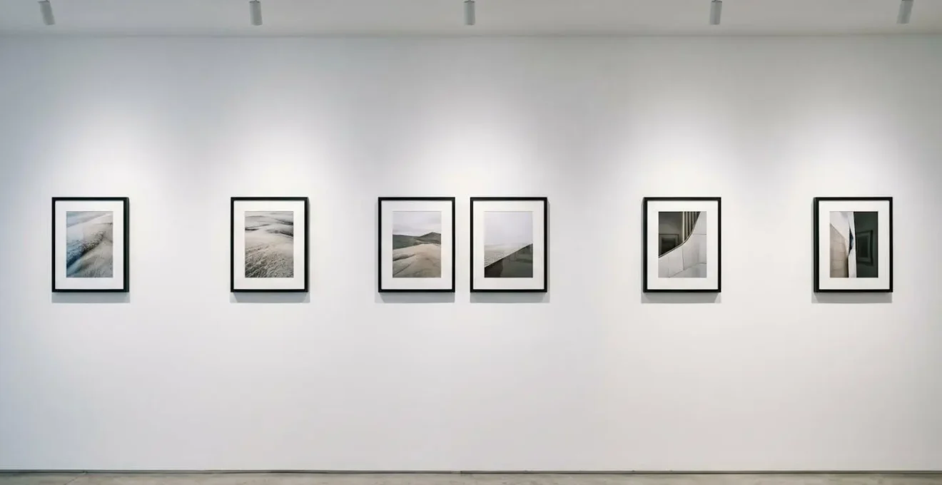 Gallery wall showing strategic artwork placement with deliberate negative space between photographs