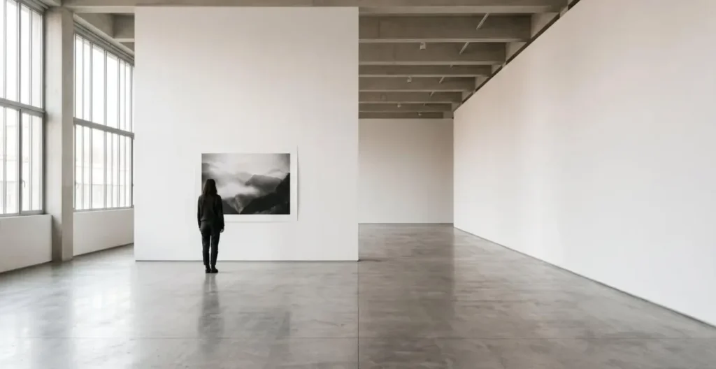 Environmental wide-angle photograph depicting contemplative art viewing experience with spatial negative space